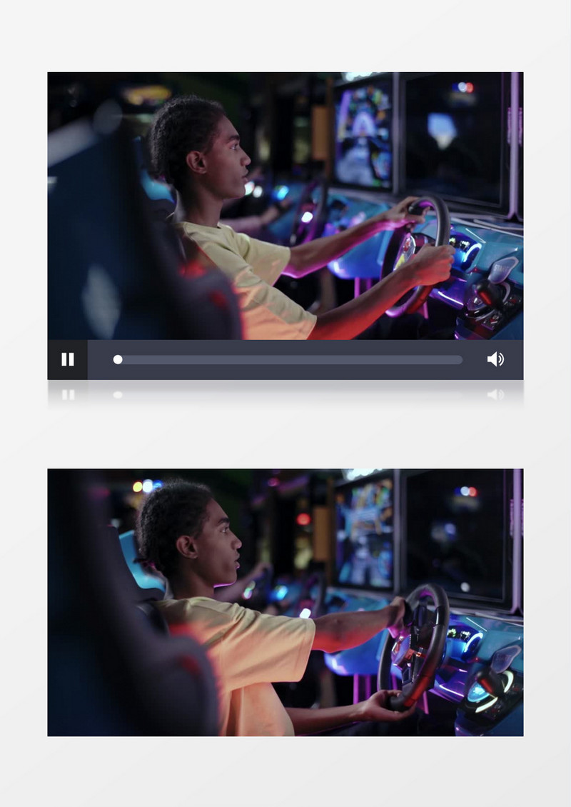 卷发男人在游戏厅玩赛车游戏实拍视频素材