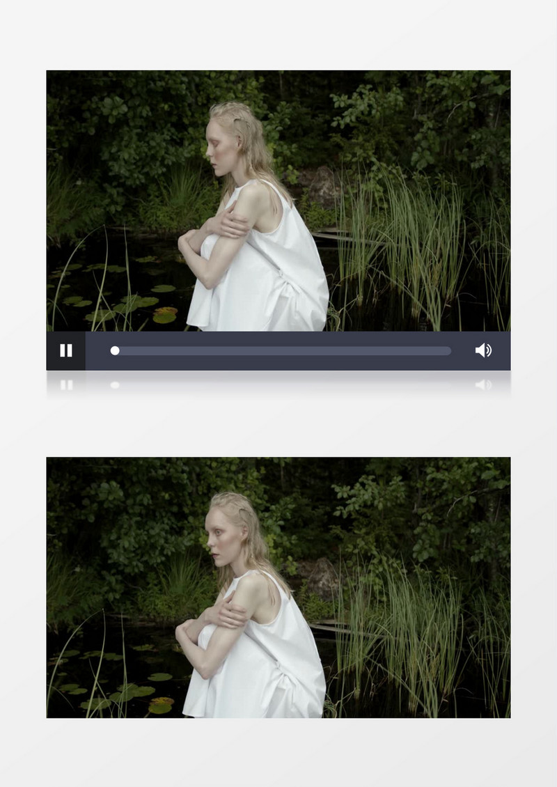 白裙子女人在池塘边抱腿蹲坐实拍视频素材
