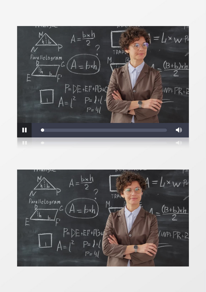 一个女老师站在写满几何函数的黑板前实拍视频素材