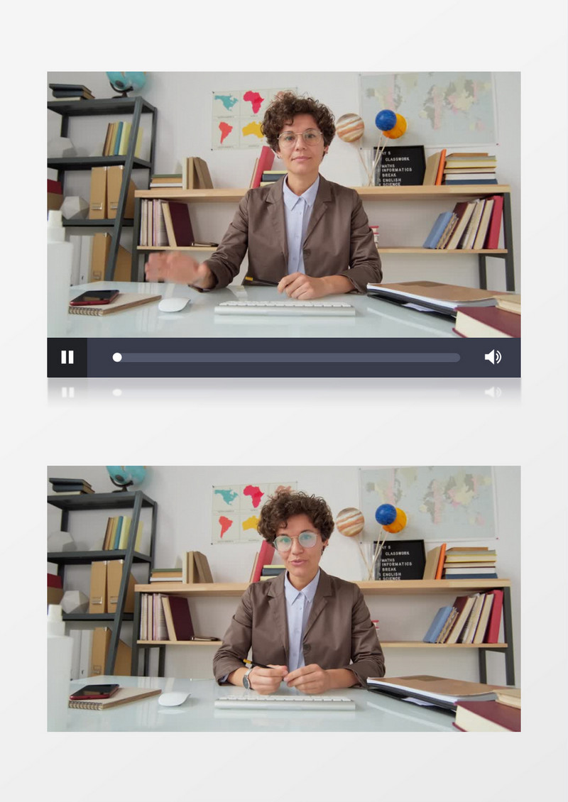 一个戴着眼镜的女老师在书架前给学生上网课实拍视频素材