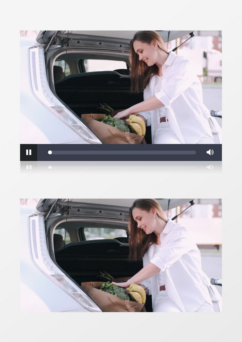 高清实拍美女靠在车上整理购物果蔬视频