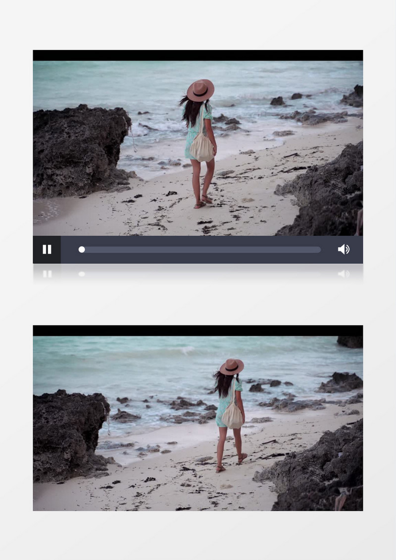 女人背包走在海边的礁石滩实拍视频素材