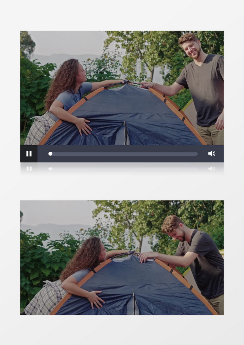 男女大笑着移动帐篷的位置实拍视频素材