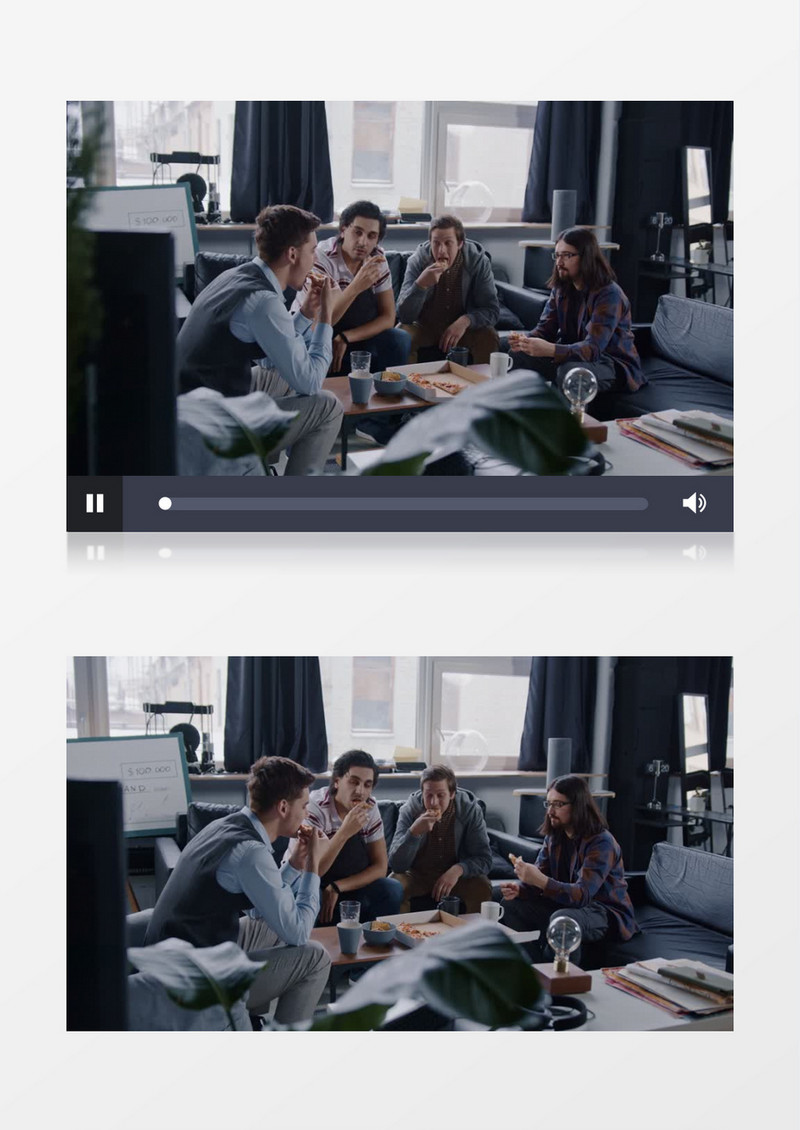四人小组在办公室吃披萨实拍视频素材
