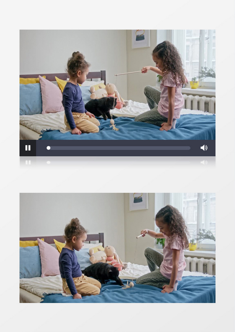 两个小女孩在床上逗猫实拍视频素材