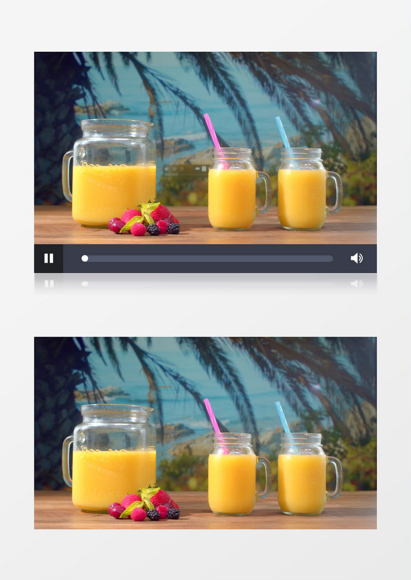 在海边摆放的黄色果汁实拍视频素材