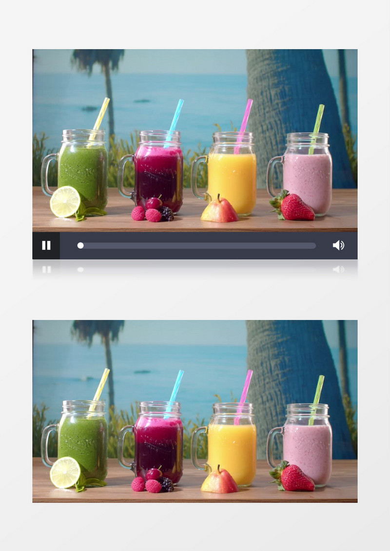 海边摆放的四种果汁实拍视频素材
