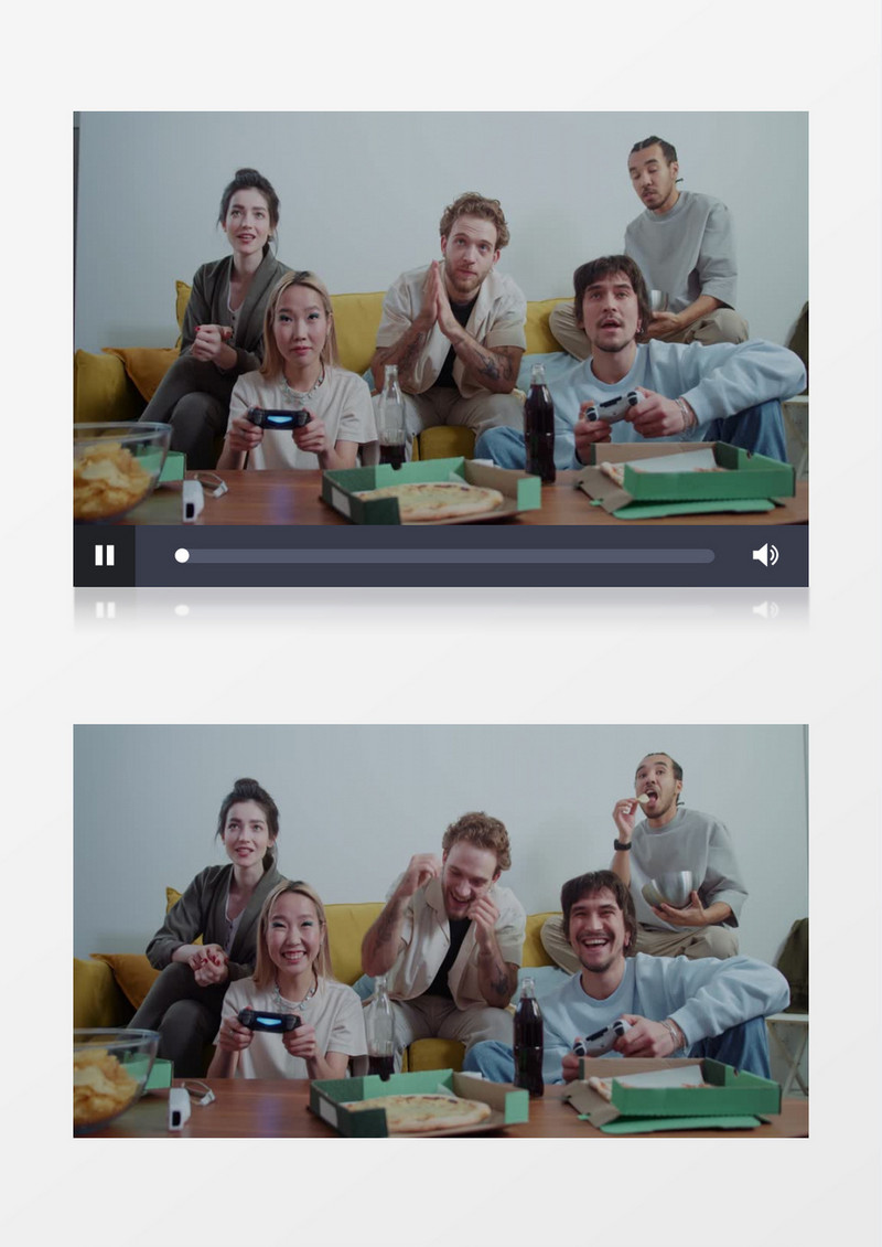 五个年轻男女坐在一起吃东西打游戏实拍视频素材