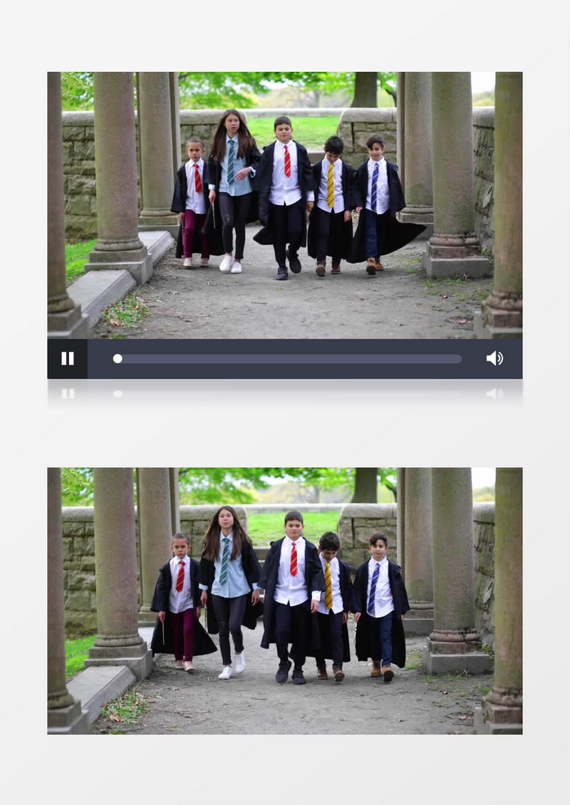 五个学生穿着校服从远处走来实拍视频素材