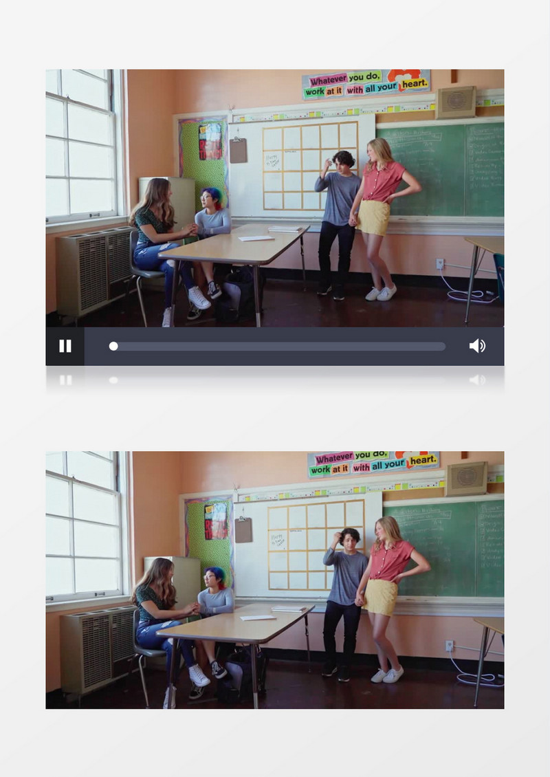 四个同学在课间时间聚在一起交谈实拍视频素材