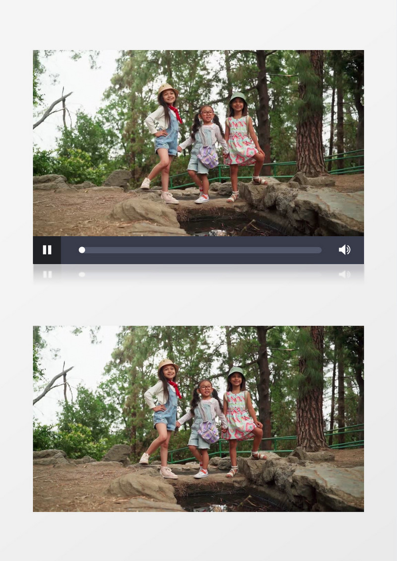 三个小女孩手牵手站立在水坑旁边实拍视频素材