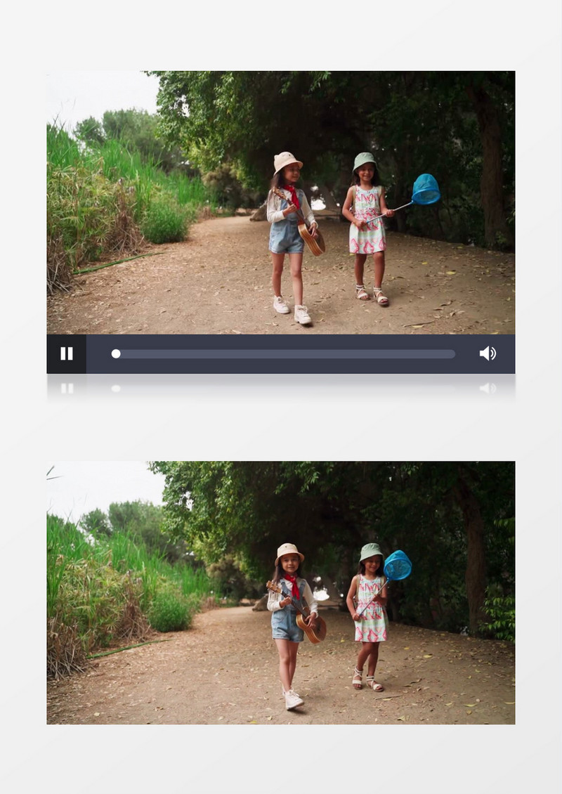 拿着吉他的女孩和拿着渔网的女孩走在路上实拍视频素材