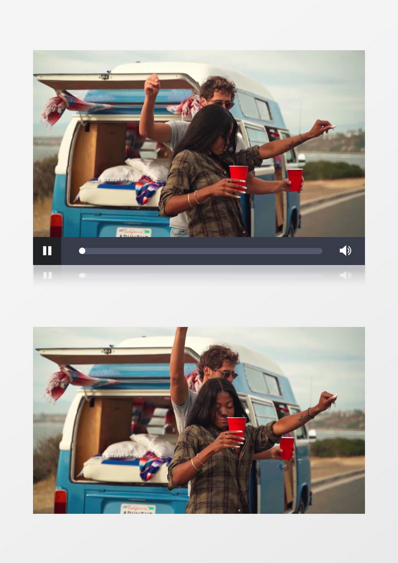 一对情侣在房车边共情起舞实拍视频素材