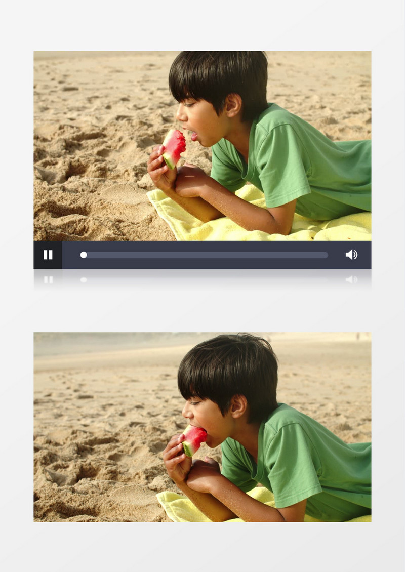 小男孩趴在沙滩上吃西瓜实拍视频素材