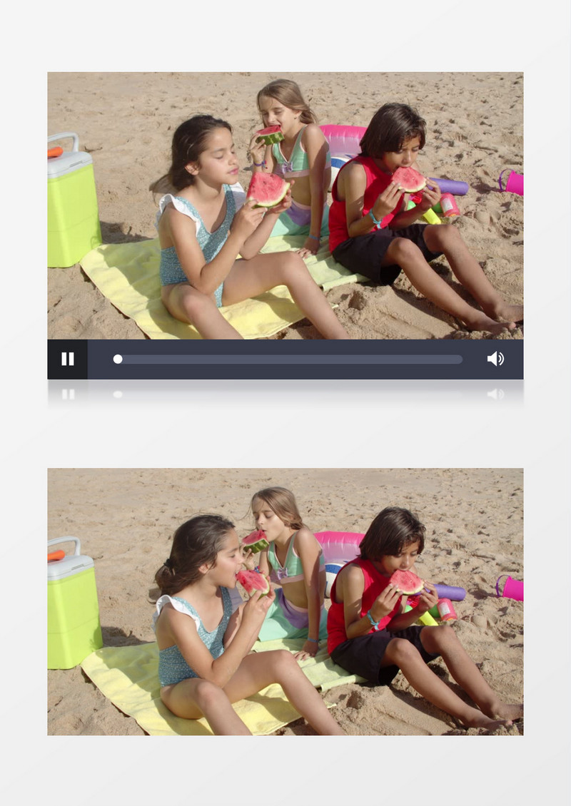 三个女孩在沙滩上吃西瓜实拍视频素材