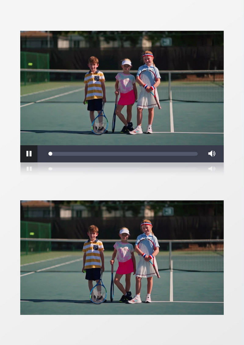 三个小朋友在网球场并排站立实拍视频素材