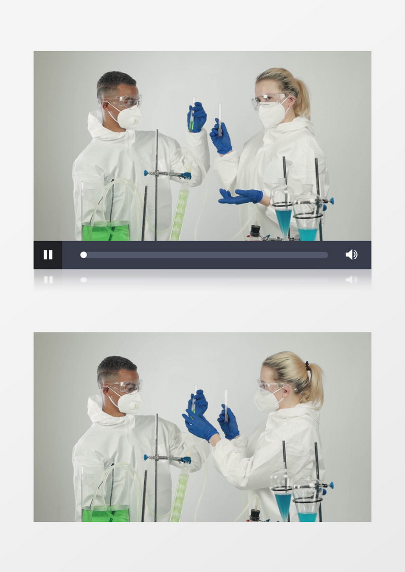 两个穿着防护服的医生在互相观察彼此手中的试管实拍视频素材