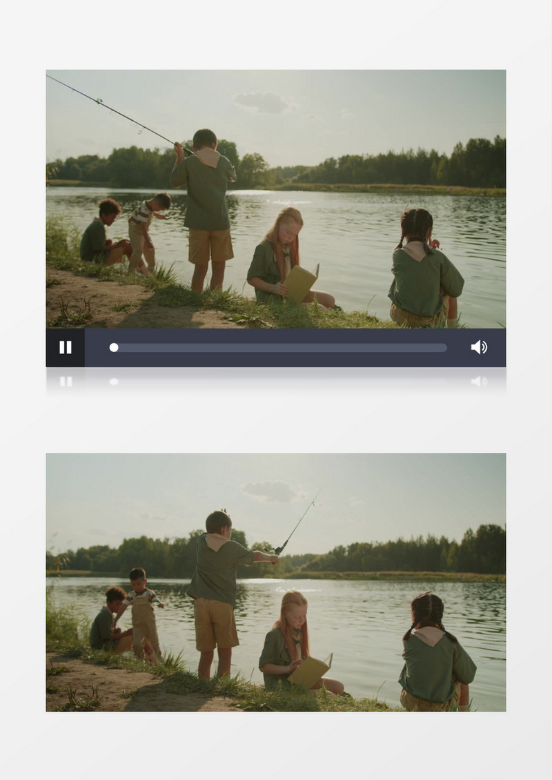 五个小朋友在河边钓鱼实拍视频素材