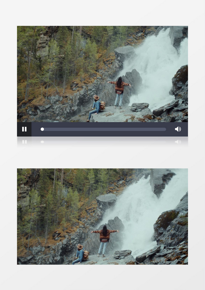 两个背包客在瀑布下面看风景实拍视频素材