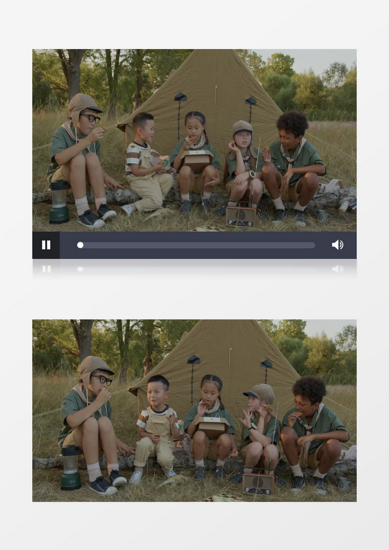 五个小朋友在帐篷前吃食物实拍视频素材