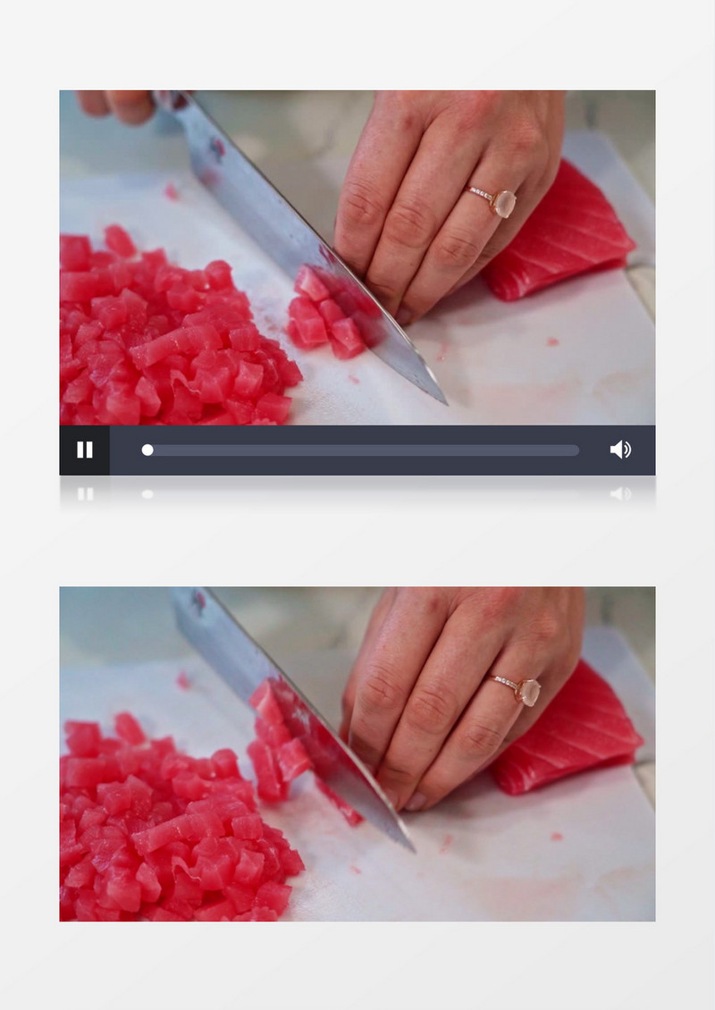 厨师在切三文鱼丁实拍视频素材