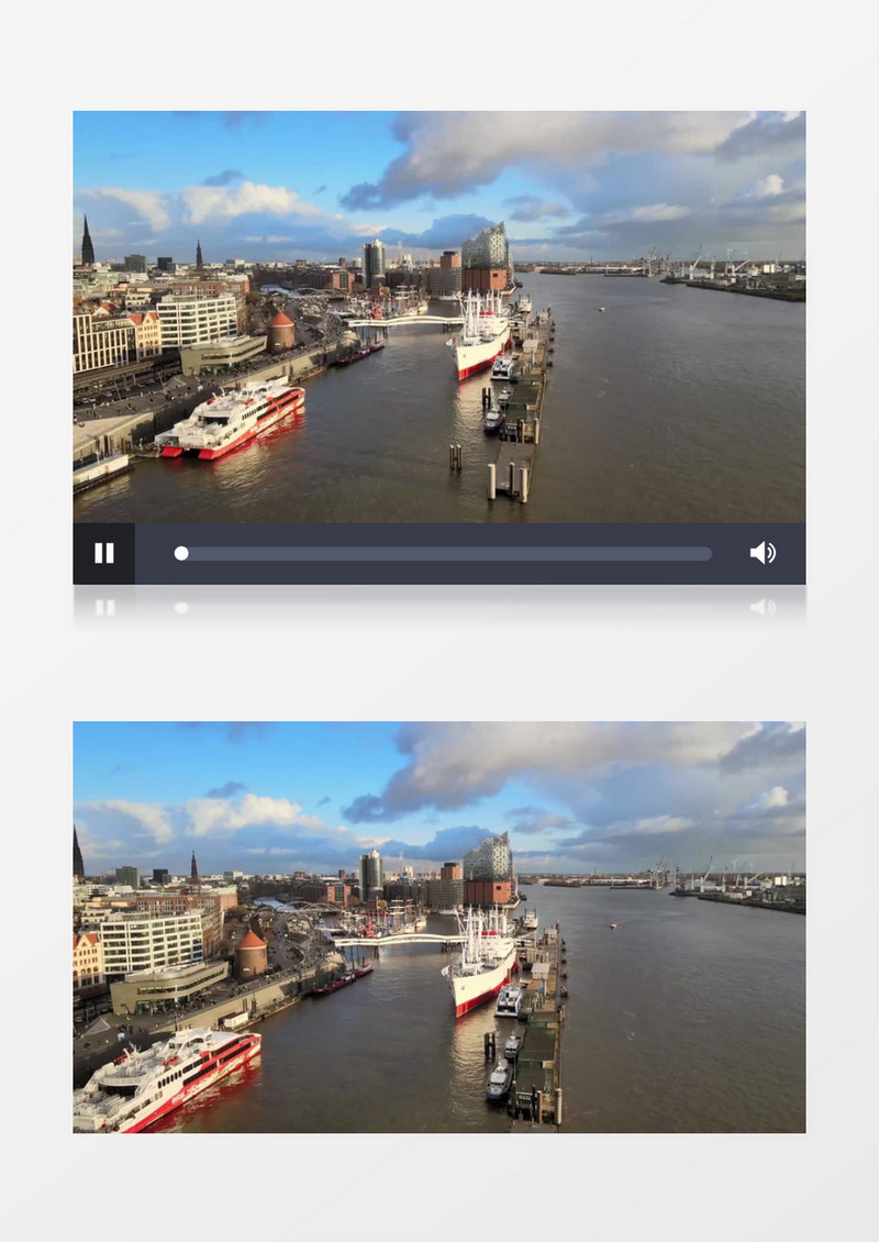 实拍河道停靠的船只和建筑景观实拍视频素材