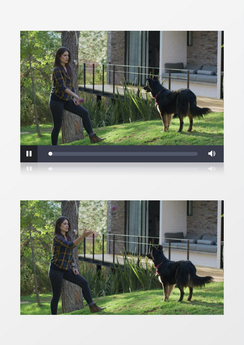 美女在花园里跟宠物狗玩耍实拍视频素材