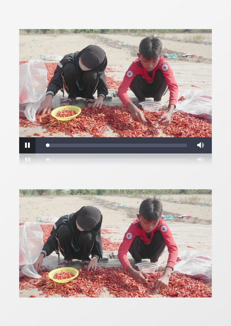两个小朋友在挑选晾晒的红辣椒实拍视频素材