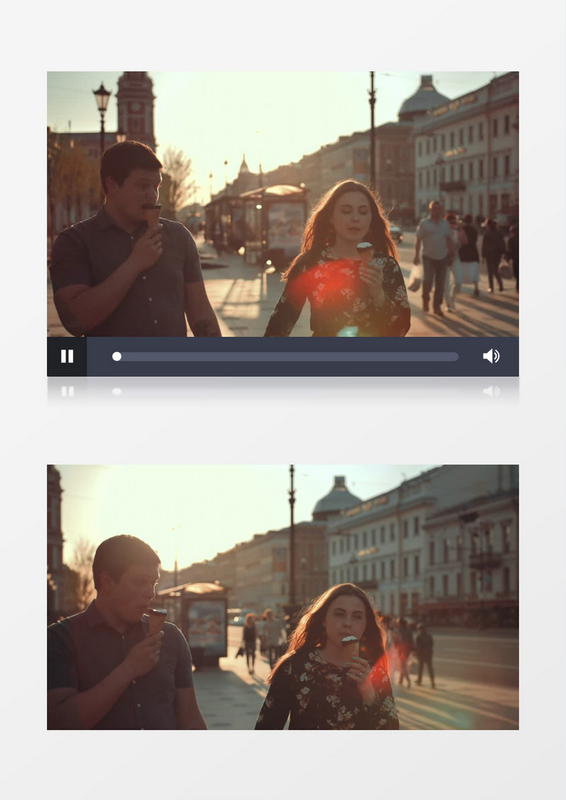 一对情侣牵手在大街上吃冰激凌实拍视频素材