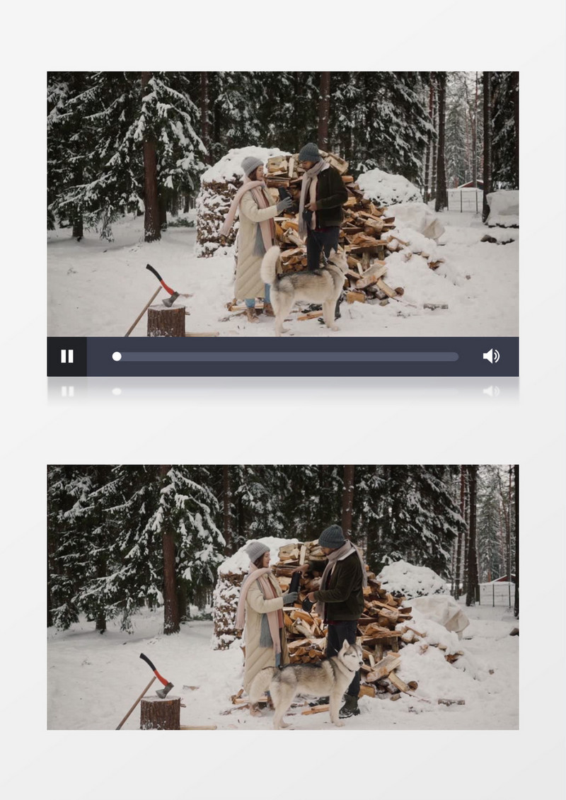 一对情侣牵着狗在雪中喝水实拍视频素材