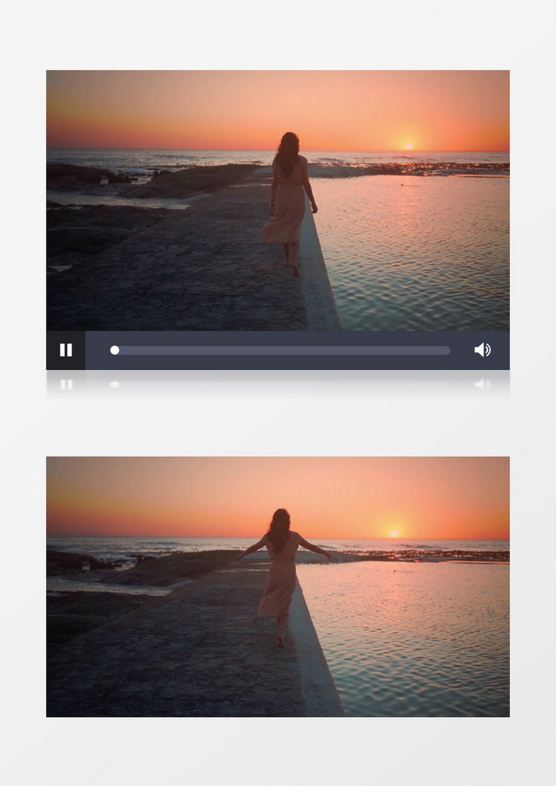 夕阳下一个女孩在海边的堤坝上散步实拍视频素材