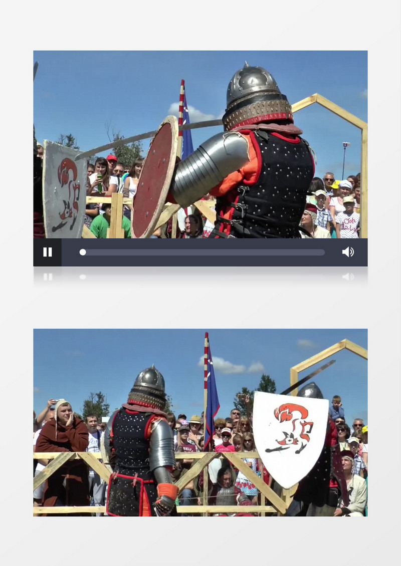 中世界身穿护甲手拿武器盾牌的勇士角斗实拍视频