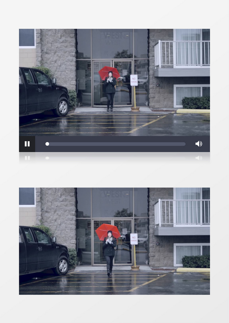 高清拍摄下雨天城市办公楼外国美女打伞走在雨中实拍视频素材