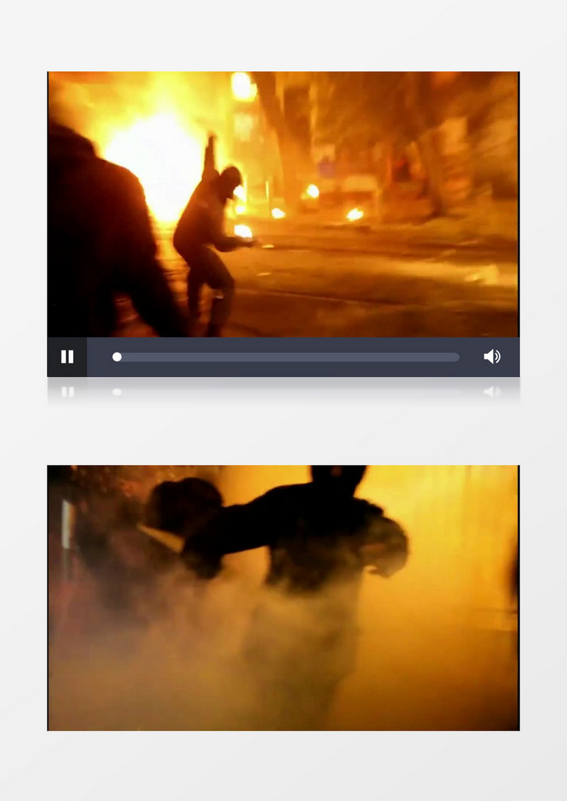 近距离拍摄夜晚国外希腊激进分子烧掉城市建筑街道实拍视频素材