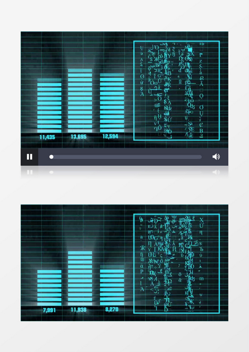 蓝色高科技感统计统闪现的字母数字不断变化动感条形图视频素材