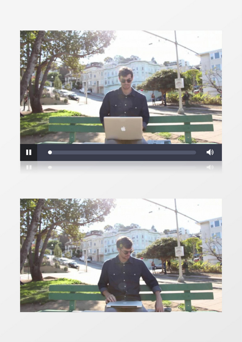 公园带着笔记本电脑看报的男子模糊散景实拍视频素材