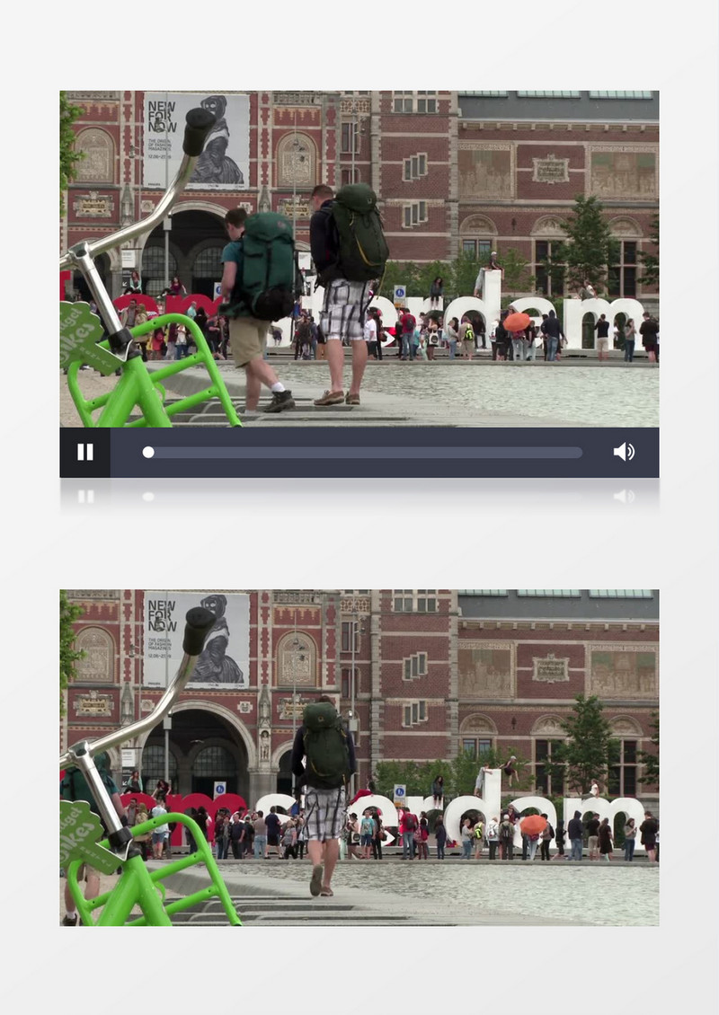 高清实拍两个背包客在广场水池边上行走以及广场上一些游客在拍照留影实拍视频素材