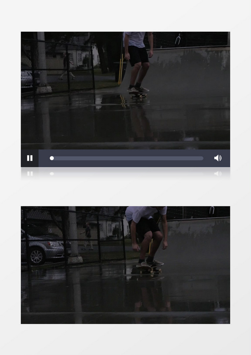 特写慢动作下雨天滑冰者滑滑板实拍视频素材