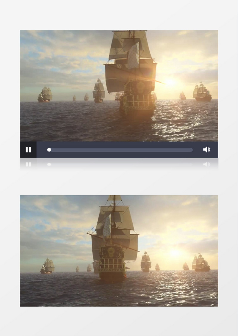 阳光明媚古代船队在波光粼粼的海面航行背景视频