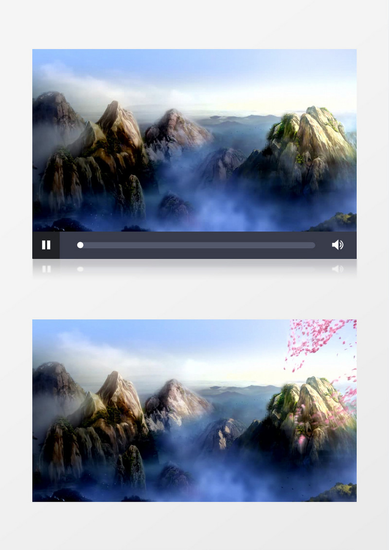 动画动态大山雾气蒙蒙粉色花瓣飞舞背景视频素材