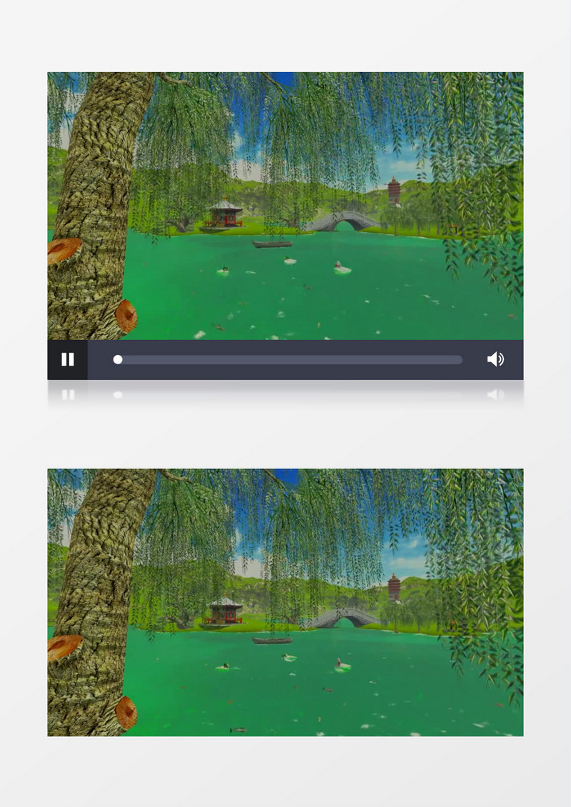 动画动态湖岸柳树古典建筑背景视频素材