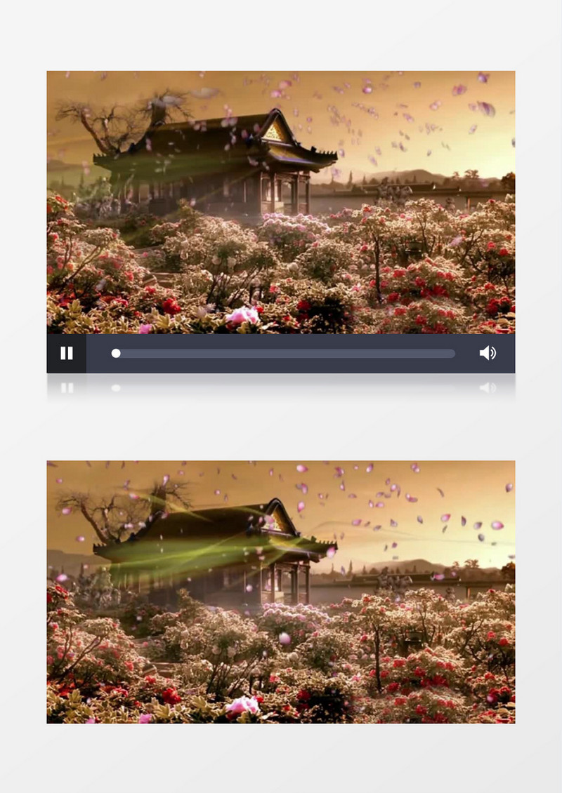 动画动态古代花园花瓣飘落(有音乐)背景视频素材