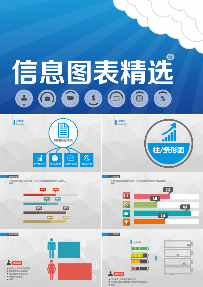 蓝色扁平化公司企业市场分析图表ppt模板