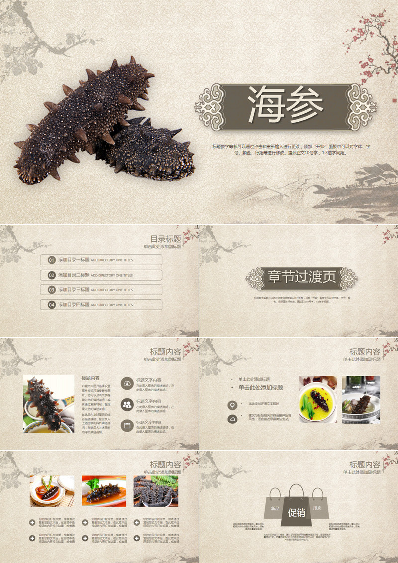2019年古香古色中国风海参促销产品销售动态时尚简约PPT模板