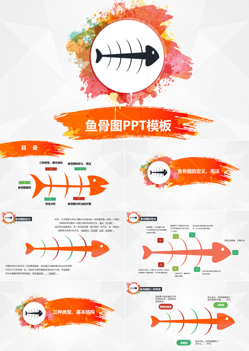 简约鱼骨图分析ppt模板
