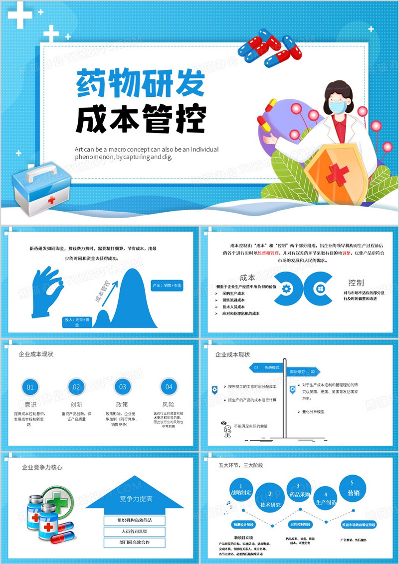 蓝色卡通风药物研发成本管控PPT模板
