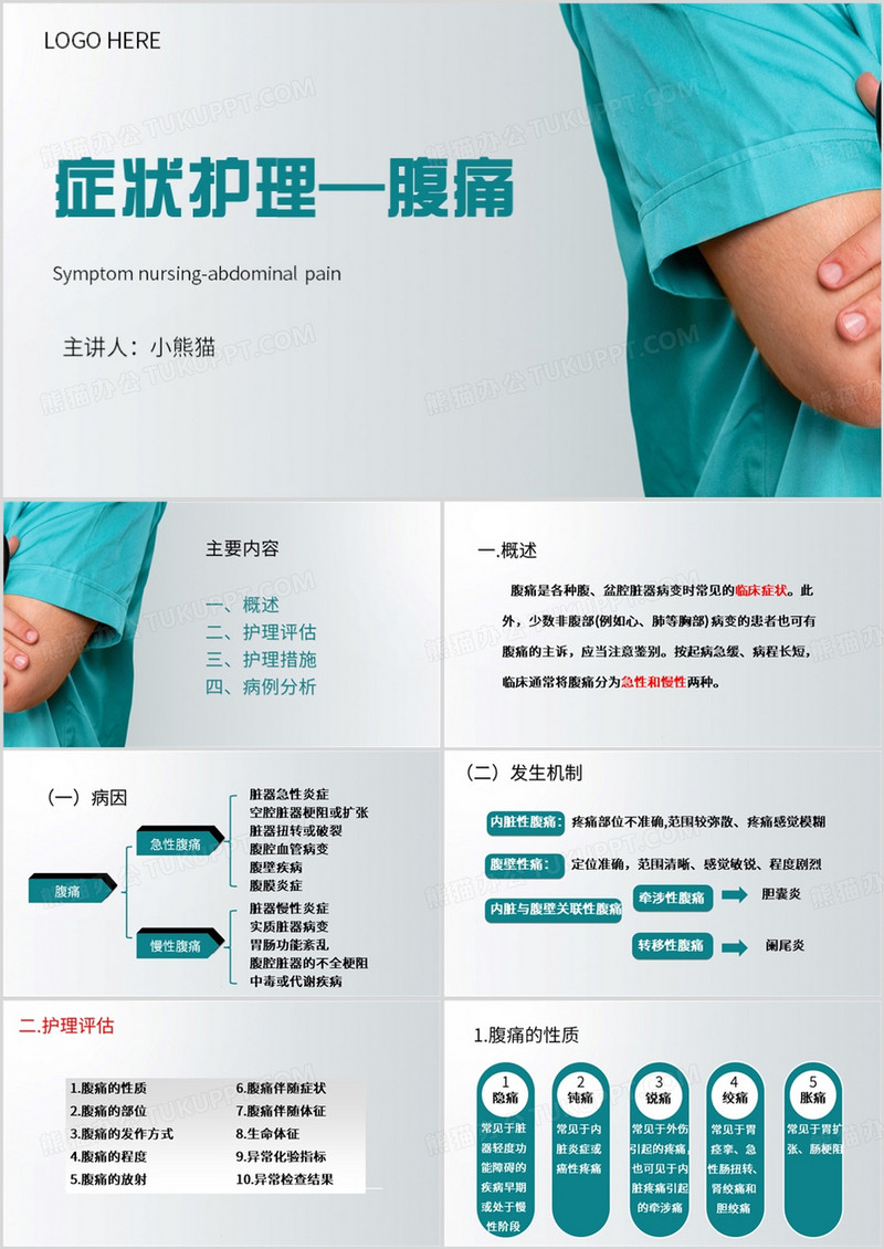 绿色简约风医院腹痛症状护理PPT模板