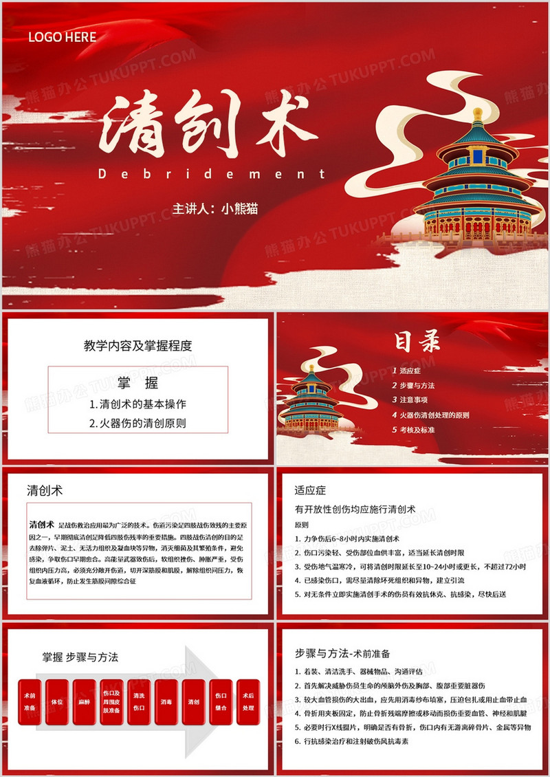 红色简约风清创术PPT模板