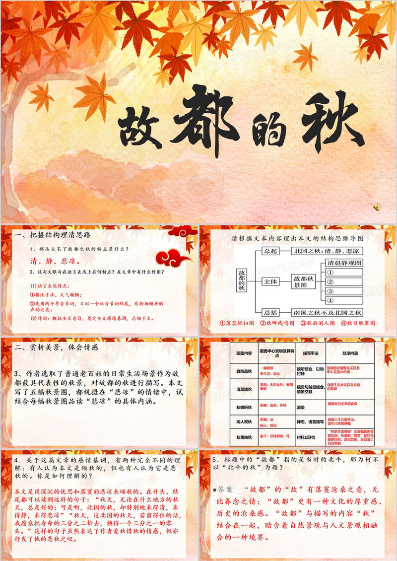 秋天手绘风故都的秋PPT模板
