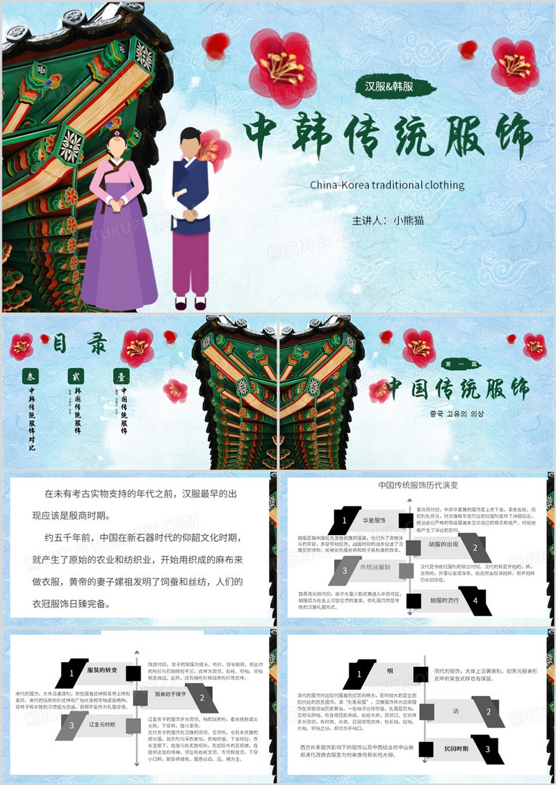 蓝色简约风中韩传统服饰介绍PPT模板